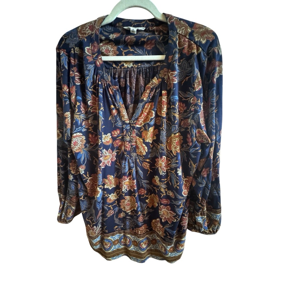 Lucky Brand Navy Blue Floral Boho Tunic Women's XL Patterned Hem Border Viscose